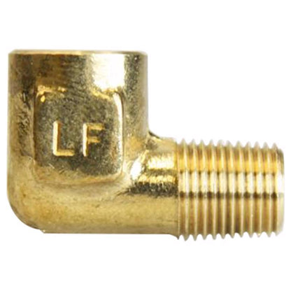 Pack of five Emery Jensen 90-degree DG street elbow brass pipe fittings, 1/8 inch size, for plumbing and piping installations.