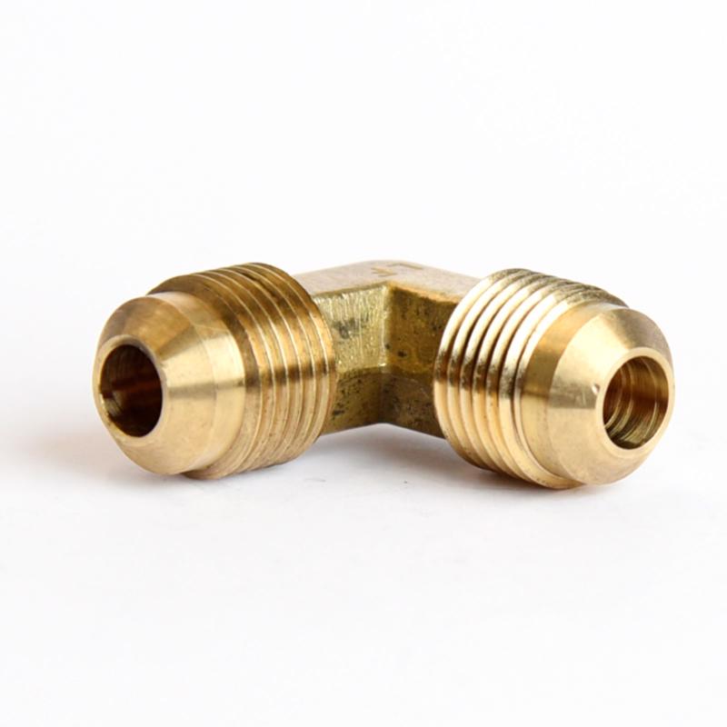 Pack of five Emery Jensen 90 DG flare elbow fittings, 3/8 inch bulk flare fittings for plumbing and hydraulic connections.
