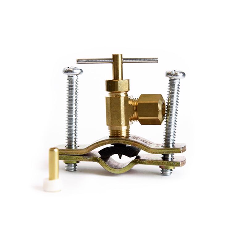 Bulk Emery Jensen saddle valves 1/4" NPT to 3/8" NPT compression fittings, pack of 5, shown in the image.