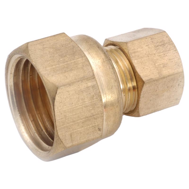 Set of five Emery Jensen bulk compression fittings with 1/4-inch connections, shown in a close-up of the fittings' metallic parts.