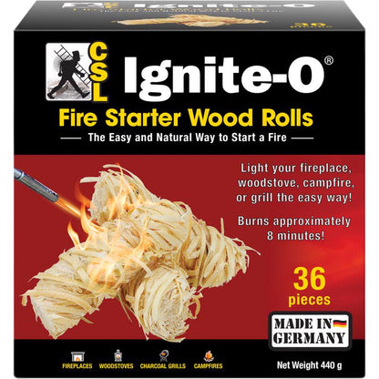 Emery Jensen Fire Starter Wood pack of 12, 36 pieces, stacked with logs and fire starters ready for indoor or outdoor fire use.