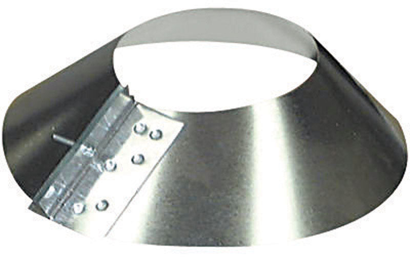 Galvanized vent pipe fitting with a 4-inch storm collar, 30-gauge steel, shown in a pack of six by Emery Jensen.