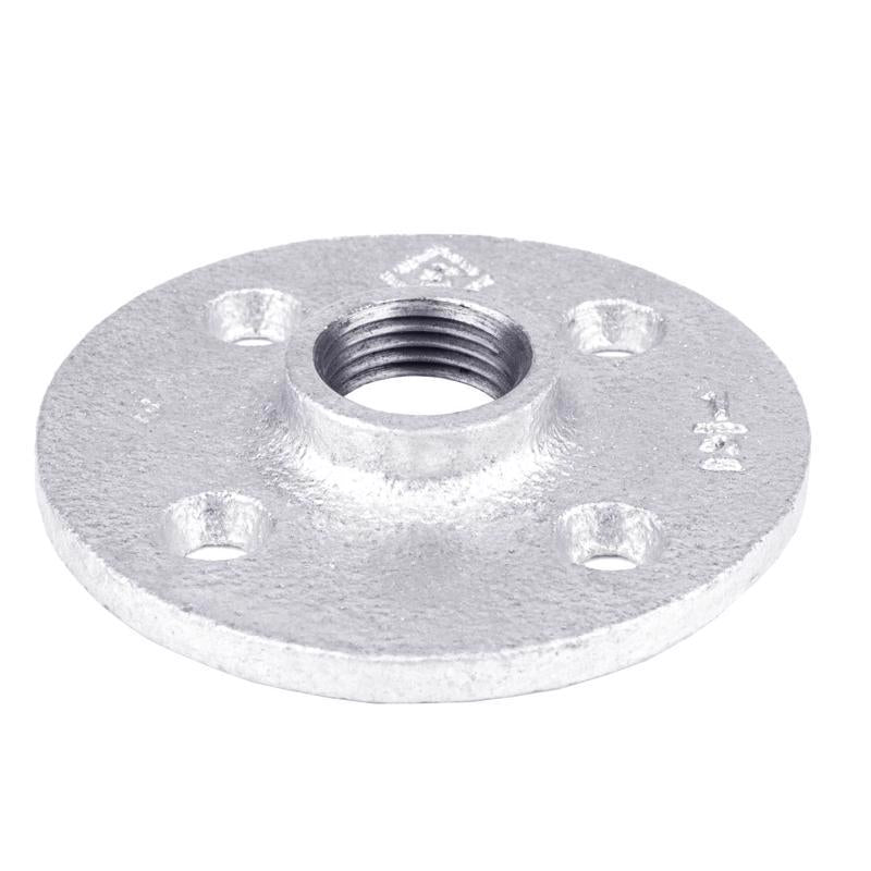 Galvanized 1/2 inch flange floor fitting from Emery Jensen, pack of 5, showing shiny metal flange for plumbing or pipe installation.