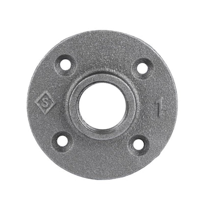 Black iron flange, 1-inch size, Emery Jensen black iron fittings pack of 5, shown in a close-up view