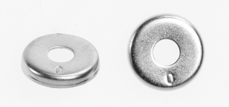 Set of five Emery Jensen flat washer retainers, small metal washers for fasteners and hardware applications.