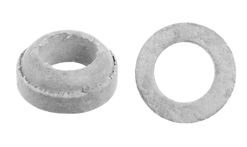 Set of five Emery Jensen packing bonnet #52, fiber gasket seals with textured surface for industrial sealing applications.
