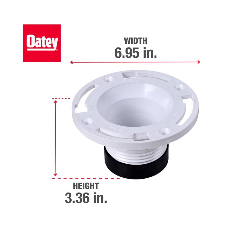Pair of 4-inch PVC closet flange fittings from Emery Jensen, used for DWV plumbing installation, shown in a close-up view