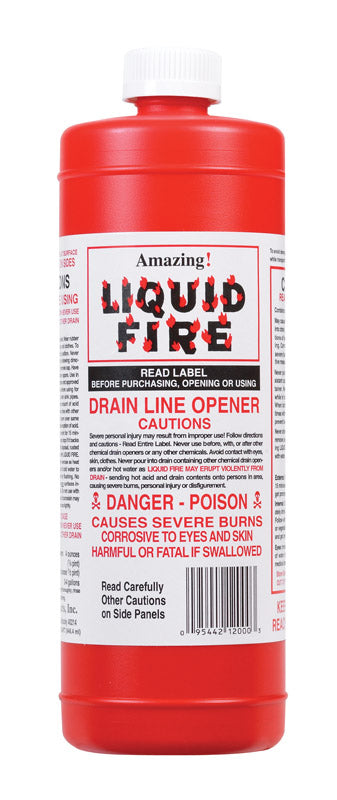 Emery Jensen CLEANR DRAIN LIQFIRE32OZ acid drain cleaner pack of 12 bottles, showing the product label and packaging.