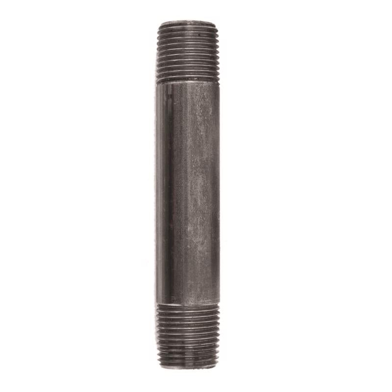 Set of five black steel nipples, 1/2 inch by 4.5 inches, shown in the image with industrial plumbing fittings for construction use.