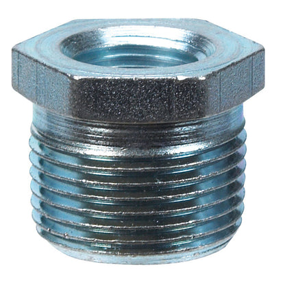 Set of five galvanized iron hex bushings, 1/4 inch by 1/8 inch size, from Emery Jensen, used as plumbing or hardware fittings.
