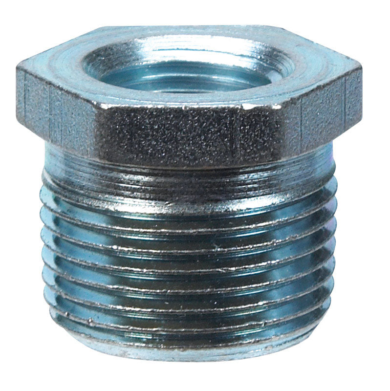 Pack of 5 galvanized iron 1/2x1/4 bushing hex fittings by Emery Jensen, showing the metallic threaded fittings for plumbing use.