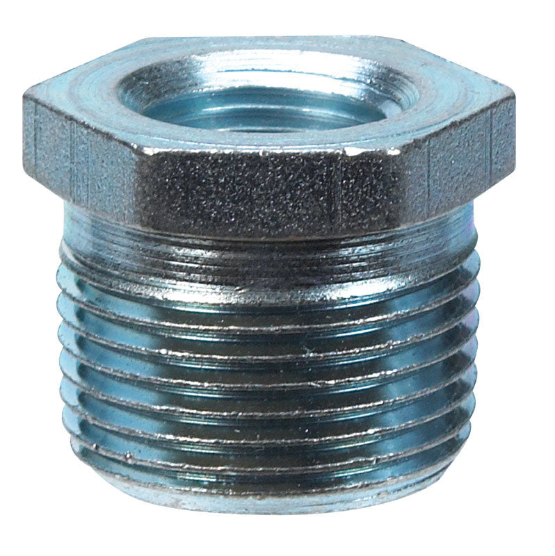 Set of five galvanized iron hex bushings 3/4 inch to 1/2 inch from Emery Jensen, showing the fitting's hex shape and metallic finish.