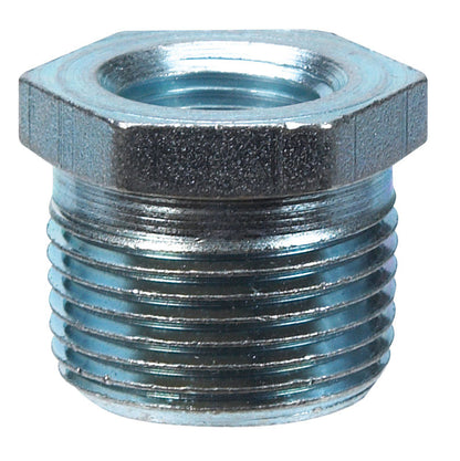 Set of five galvanized iron hex bushings 3/4 inch to 1/2 inch from Emery Jensen, showing the fitting's hex shape and metallic finish.