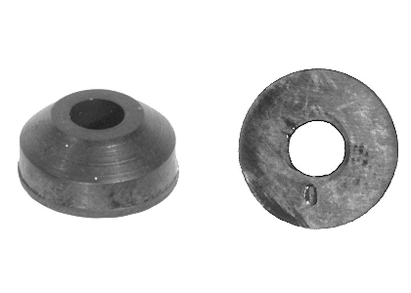 Set of five Emery Jensen beveled washer O-faucet washers, showing metal washers with beveled edges and hole center for plumbing.