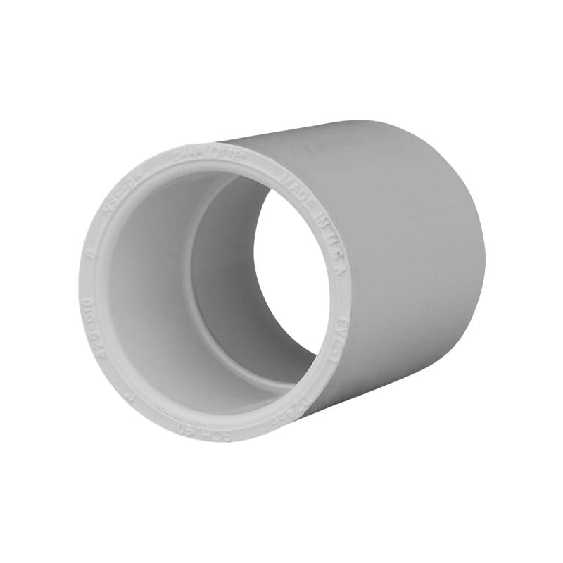 PVC pressure fit couple 1" SXS SCH40 fittings from Emery Jensen, pack of 25, with smooth PVC surface and socket connection.