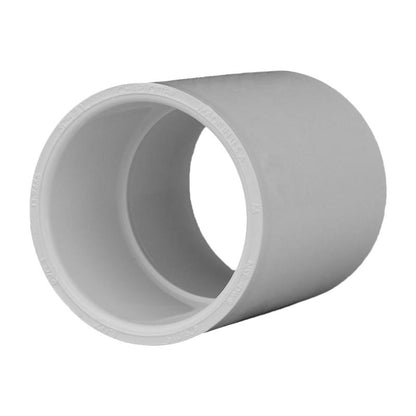Emery Jensen PVC pressure fit SXS SCH40 coupling for plumbing, pack of 25, shown in a close-up image.
