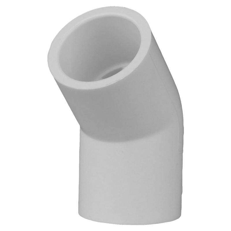 PVC pressure fitting elbow 45° 1/2 inch SXS SCH40 by Emery Jensen, pack of 25, showing the smooth PVC elbow joint.