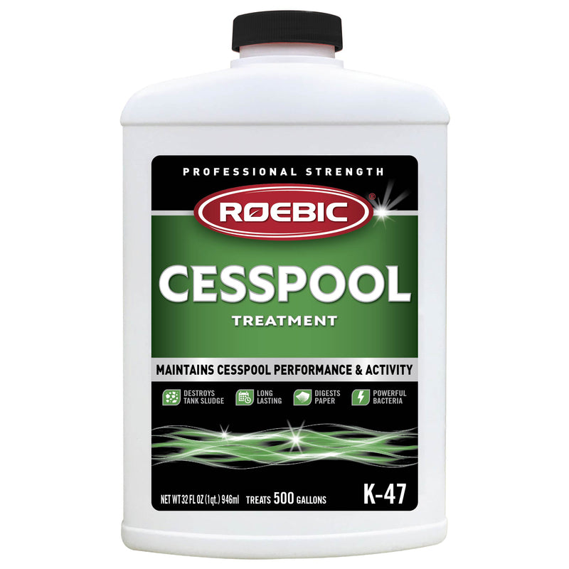 Emery Jensen Cesspool Treat QT K47 bacterial cleaner pack of 4 bottles with label and cap, designed for cesspool maintenance.