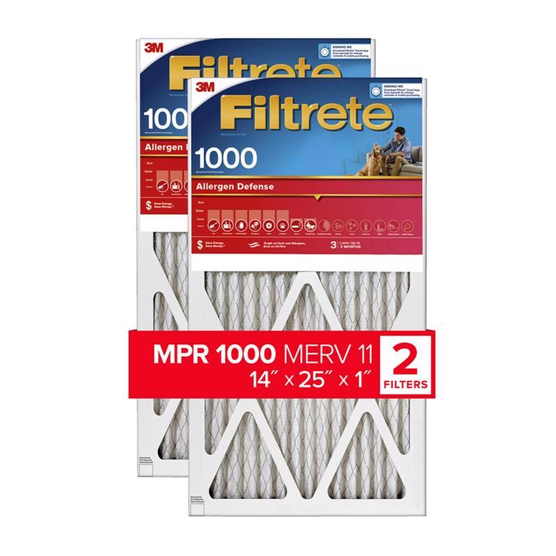 Emery Jensen 14x25-inch pleated 1-inch air filters, pack of 3, showing the pleated filter media and frame for HVAC system.