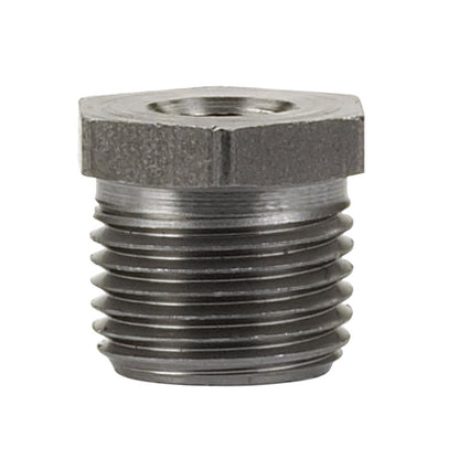 Black iron hex bushing 1/2 inch to 1/4 inch fitting, Emery Jensen brand, pack of five, used in plumbing and pipe connections.