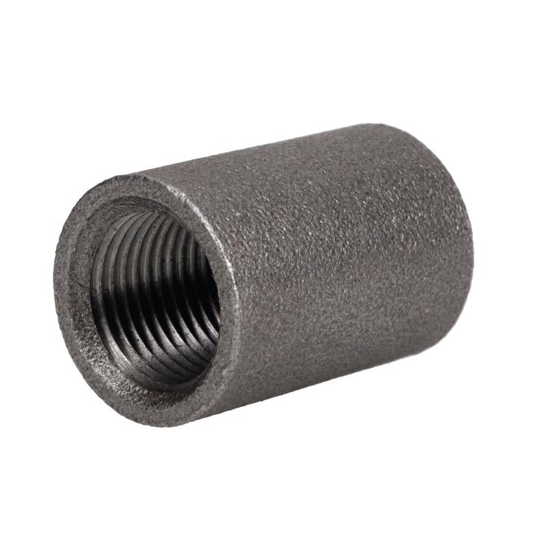 Set of five black iron fittings, 1/2 inch size, from Emery Jensen, designed for plumbing and piping applications.