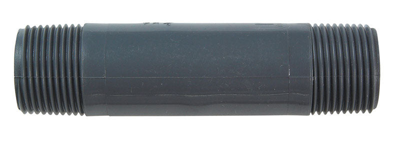 Pack of 10 Emery Jensen PVC Nipple SCH80 3/4x4 fittings for plumbing, showing threaded ends on white PVC pipes.