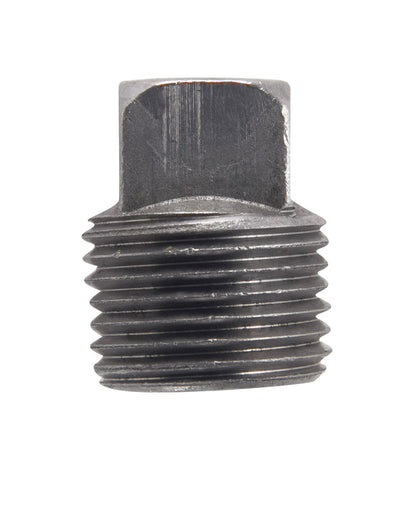 Set of five black iron 1/4-inch square head plugs from Emery Jensen, used as fittings in plumbing or construction.