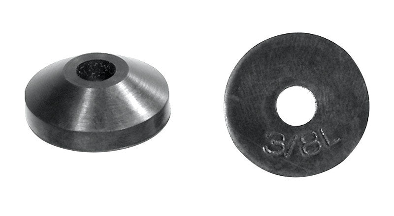 Set of five Emery Jensen beveled washers for faucets, 3/8-inch size, with durable metal construction and precise beveled edges.