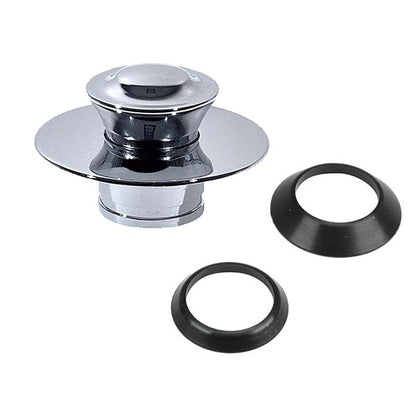 Pair of Emery Jensen chrome tub drain covers, round bath drain accessories with a shiny finish, suitable for bathroom plumbing.
