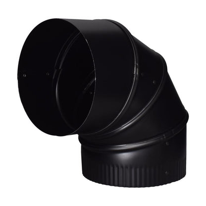 Black 6-inch stove pipe elbow fittings from Emery Jensen, pack of four, designed for stove pipe installation and venting.