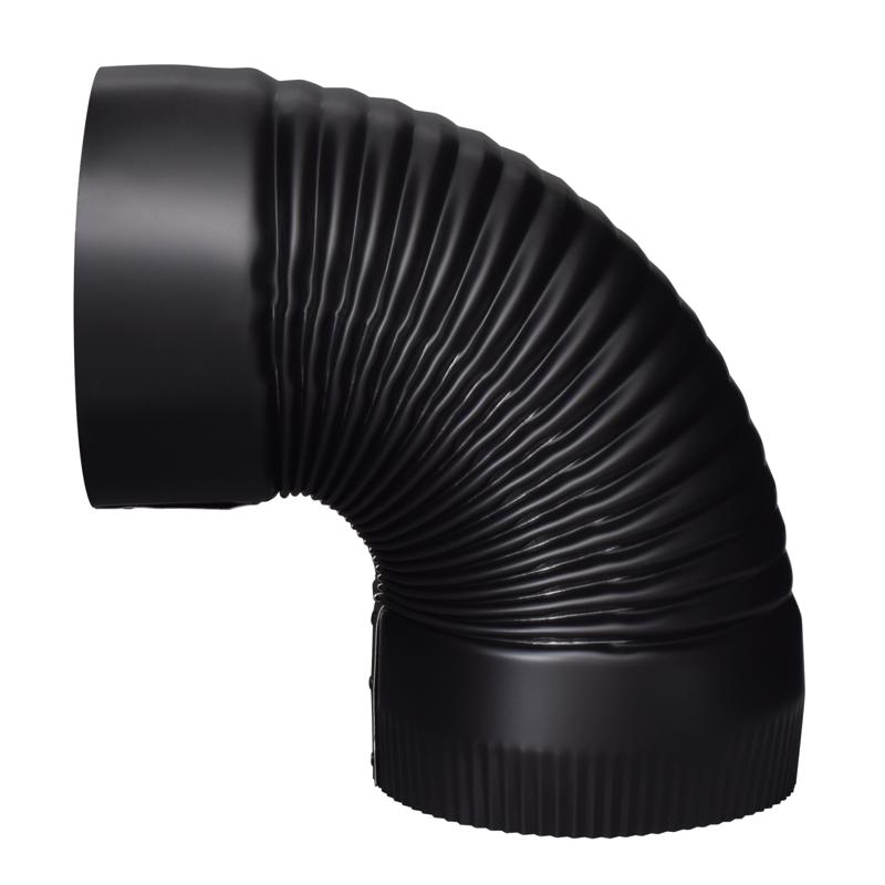 Black 90-degree elbow pipe fitting by Emery Jensen, 24 gauge, 6-inch length, shown in a pack of four fittings.