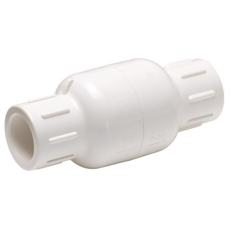 Pair of 2-inch slip PVC check valves from Emery Jensen, designed for plumbing systems, shown in a close-up image.