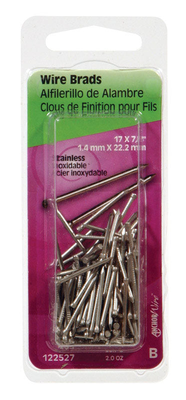 Set of six stainless steel wire brads, 7/8 inch by 17 gauge, from Emery Jensen, suitable for woodworking and finishing projects.