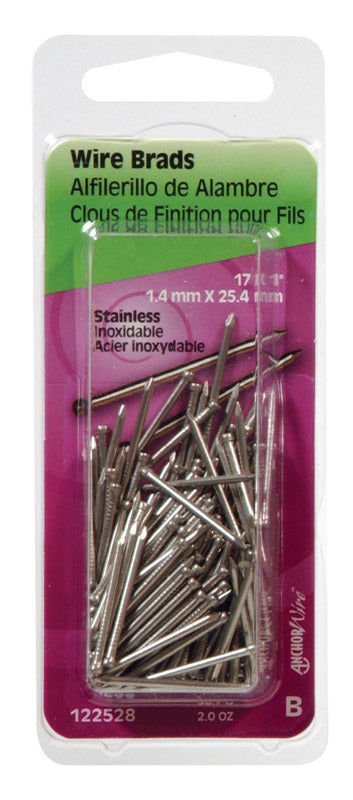 Pack of six Emery Jensen 1" x 17" stainless wire brads with nails and escutcheons for woodworking and finishing projects.