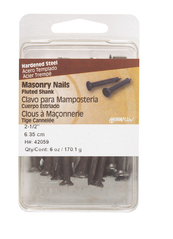 Pack of five Emery Jensen masonry nails, 2-1/2 inches long, 6 ounces, suitable for concrete and masonry projects.