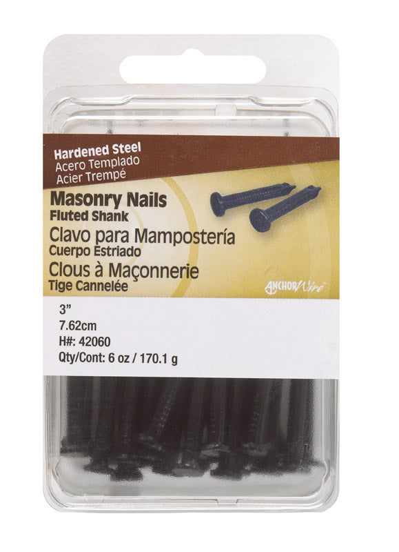 Pack of five 3-inch, 6-ounce masonry nails for concrete and brick by Emery Jensen, shown in a close-up image.