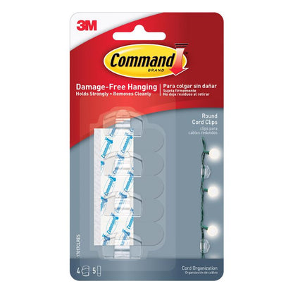 Set of four clear Emery Jensen cord clips for managing and securing cables neatly and discreetly on various surfaces.