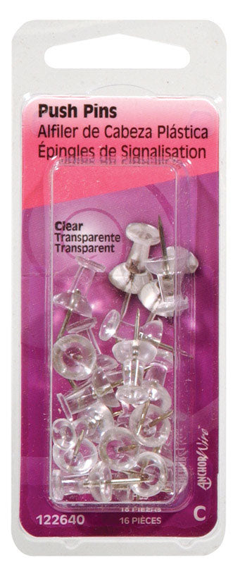 Clear push pins or thumb tacks, Emery Jensen 16-pack, shown in a set of six packs for office or bulletin board use.