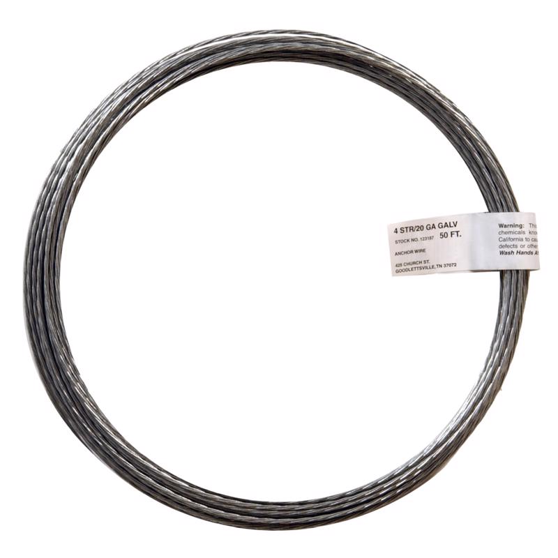 Emery Jensen galvanized 20-gauge wire guy wire, 50-foot length, 6-strand, pack of 20, shown coiled and ready for use.