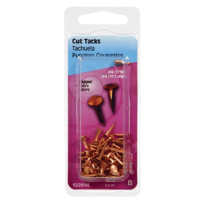 Pack of 6 Emery Jensen upholstery and carpet tacks, 14x3/4 inch size, with shiny metal finish for securing fabric and carpets.
