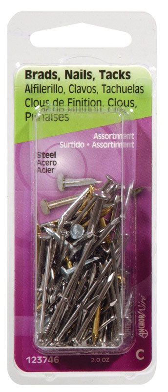 Assorted Emery Jensen 2 oz wire brad nails and escutcheons in a pack of six, showing metal nails and decorative escutcheon pieces.