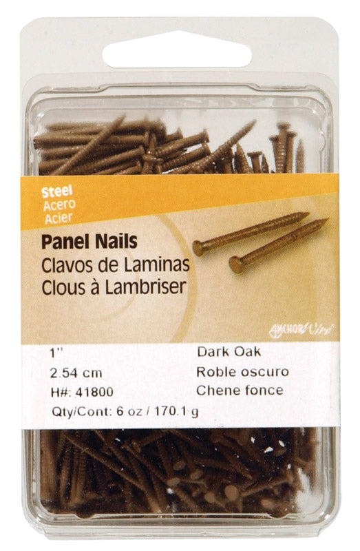 Emery Jensen dark oak panel nails, 1-inch wire brads, 6 oz pack of 5, showing nails in a natural wood finish.