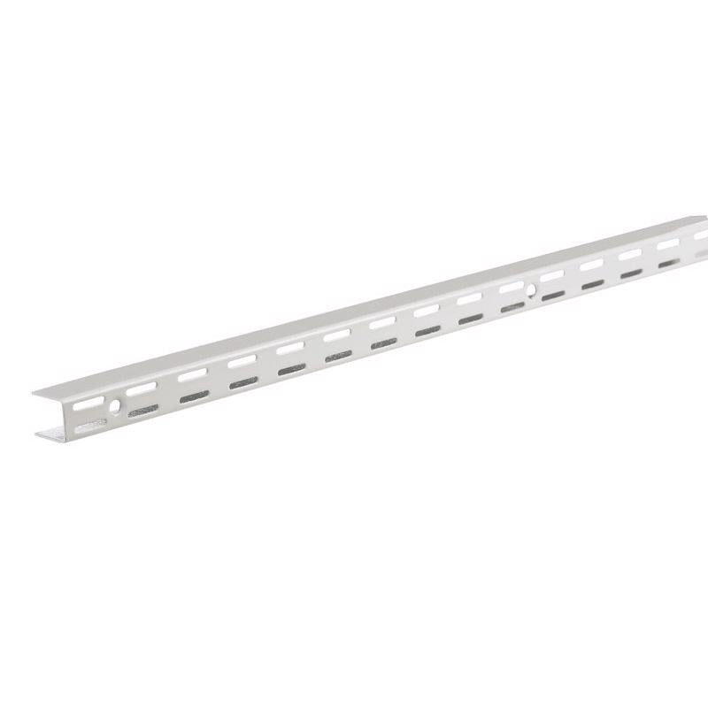 Set of 10 white 47.5-inch TRACK UPRIGHT closet storage system components by Emery Jensen with metal supports and mounting hardware