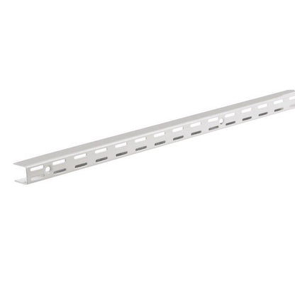 Set of 10 white 47.5-inch TRACK UPRIGHT closet storage system components by Emery Jensen with metal supports and mounting hardware