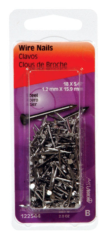 Set of six Emery Jensen steel wire brads, 5/8 inch by 18 gauge, 2 oz, suitable for nailing and escutcheon use.