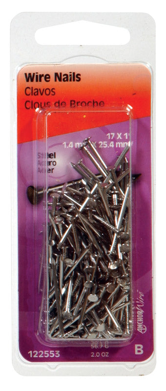 Set of six Emery Jensen steel wire brads, 1x17 2oz nails, shown in a close-up image with shiny metal finish and pointed tips.