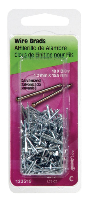 Emery Jensen BRAD GALV 5/8X18 wire brads, 1.75oz pack of 6, shown in a close-up image for nail and escutcheon projects.