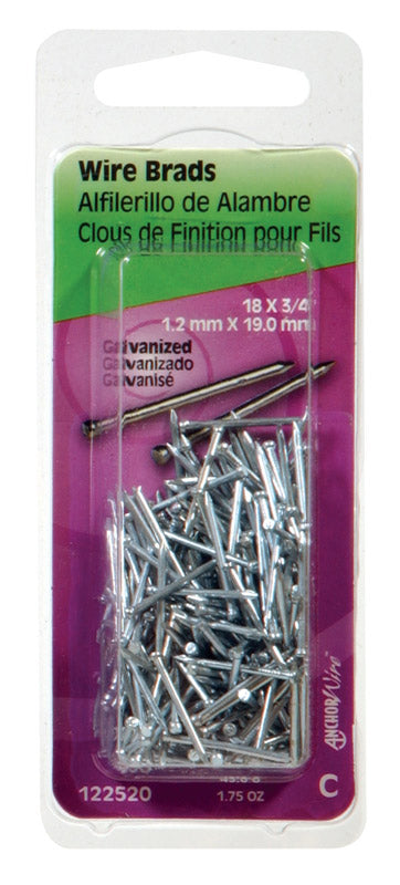 Emery Jensen Brad Galv 3/4x18 inch wire brads in a pack of six, showing shiny metallic finish and packaging.