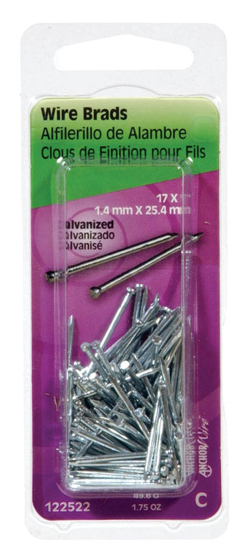 Emery Jensen BRAD GALV 1X17 wire brads, 1.75oz pack of 6, showing shiny metal nails and escutcheon components.