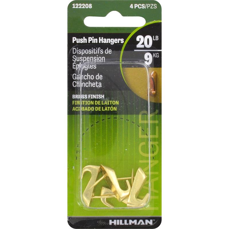 Set of 10 brass push pin mirror and picture hangers with 20lb weight capacity by Emery Jensen, shown on a white background.